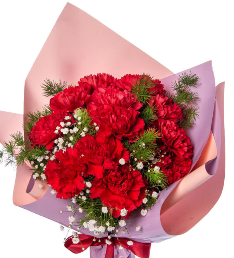 Lila Pembe Bukette Kırmızı Karanfiller