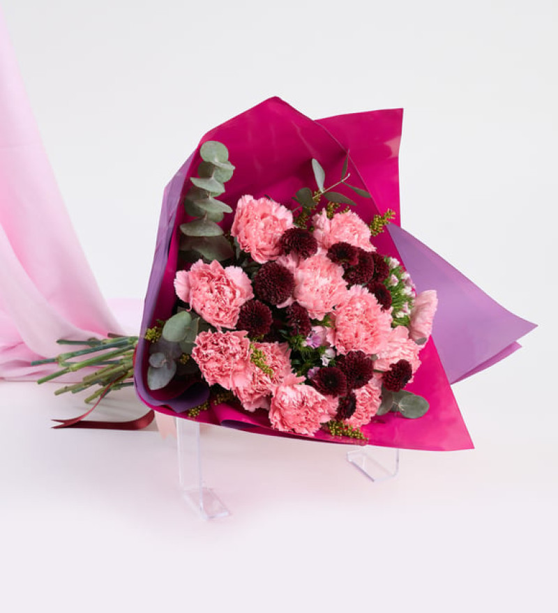 Lila Bukette Pembe Karanfiller ve Bordo Kasımpatı